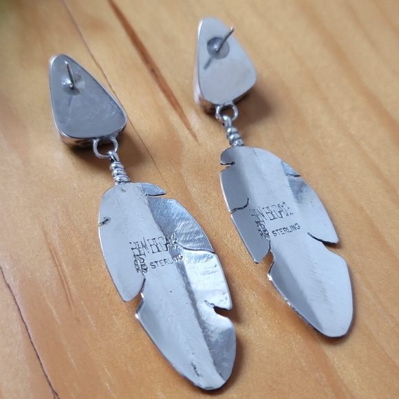 Signed NAVAJO BEN BEGAYE Turquoise Sterling Feather Earrings - Picture 9 of 11